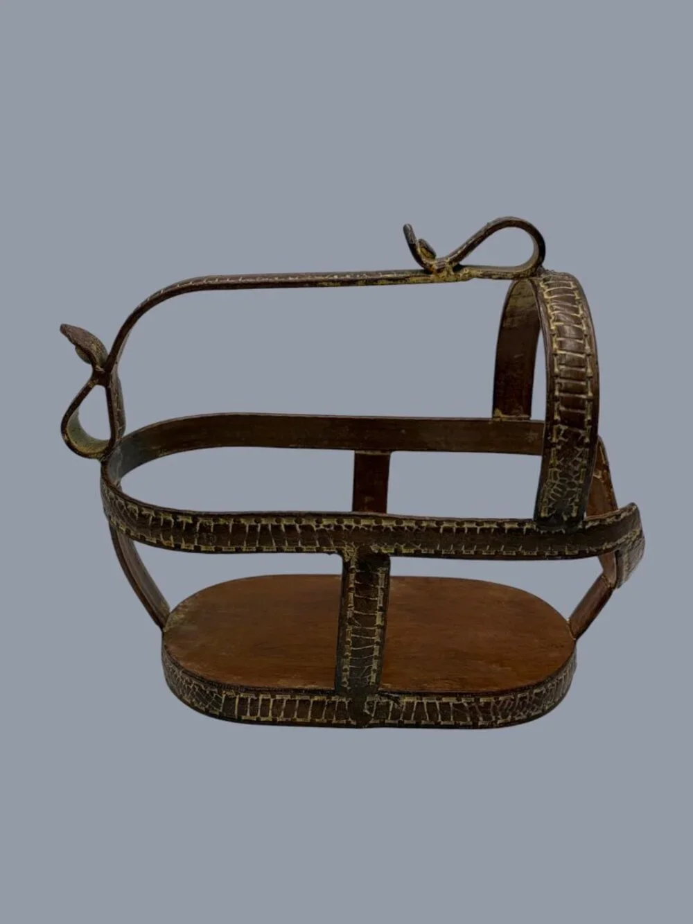 VTG Hammered Metal & Wood Wine Bottle Caddy Carrier Rustic French Country